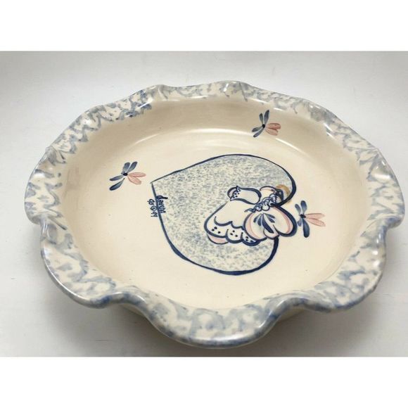 Vintage 1994 Ellis Pottery Pie Plate 8.5" Ceramic Angel Heart Fluted Marshall TX - Picture 5 of 8